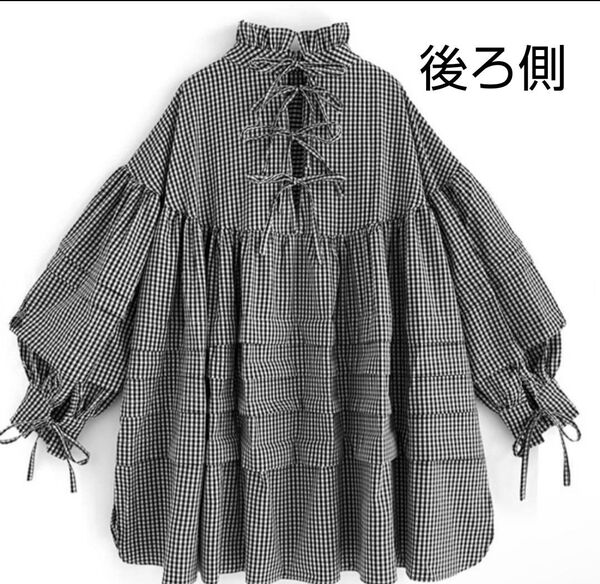 GRL チェック柄 フリルバックリボン フレア ミニワンピース チュニック 長袖 白黒