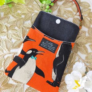 ペンギンさんが目を引くスマホショルダー スマホケース スマホショルダー 北欧 デニム ハンドメイド オレンジ キャンバス 鳥