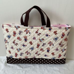 入園入学 ハンドメイド 女の子 レッスンバッグ 手提げトート テディベア キルティング