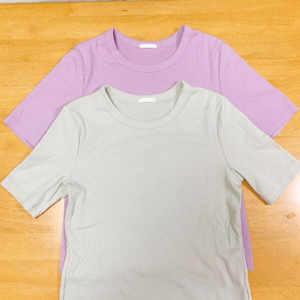 GU リブT ベージュ パープル Mサイズ2枚 半袖Tシャツ