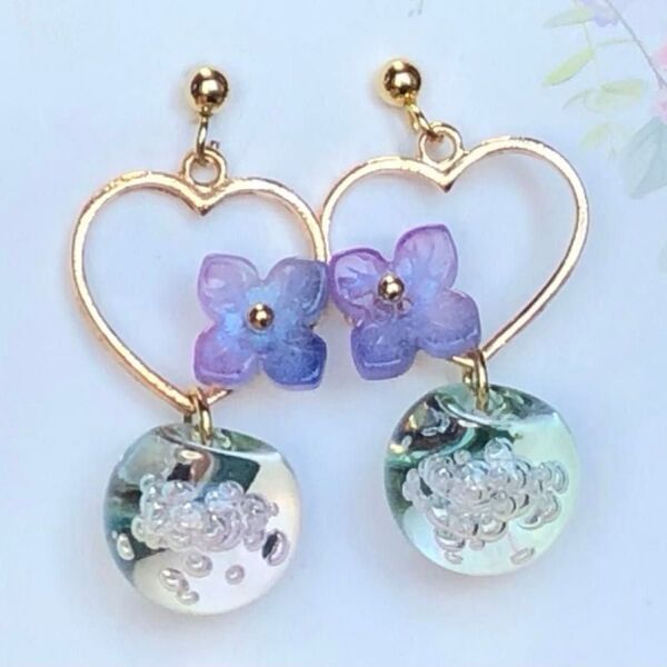☆366☆ 紫陽花 シャボン玉ハート ピアス (※イヤリング変更可)