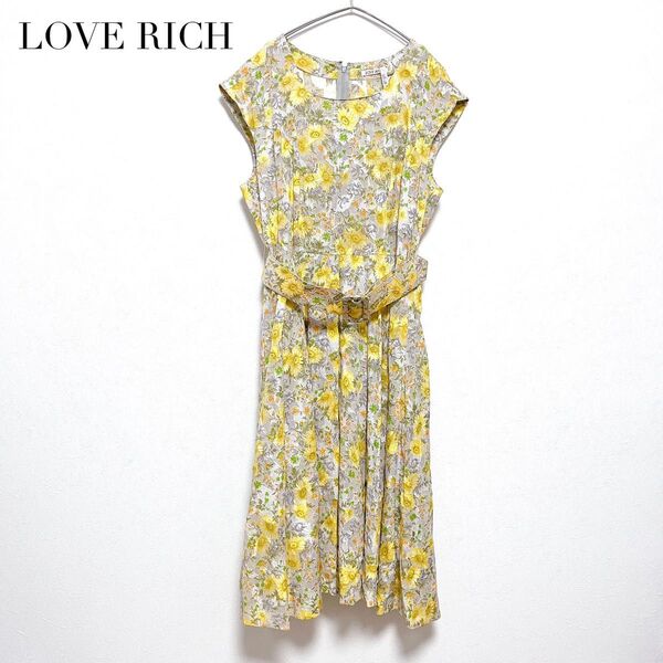 LOVE RICH フラワーワンピース イエロー 花柄 ロング丈 ベルト付き L