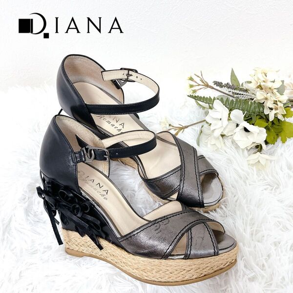 DIANA ダイアナ リボン サンダル ブラック ウェッジソール 23.5㎝