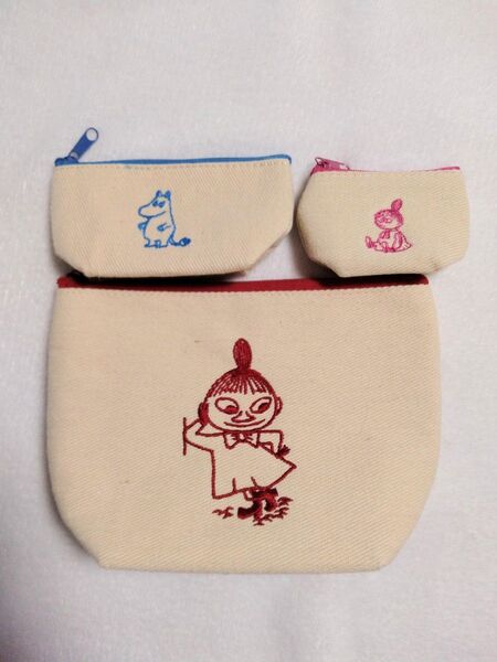 ムーミン ミニポーチ 3個セット 刺繍 ベージュ