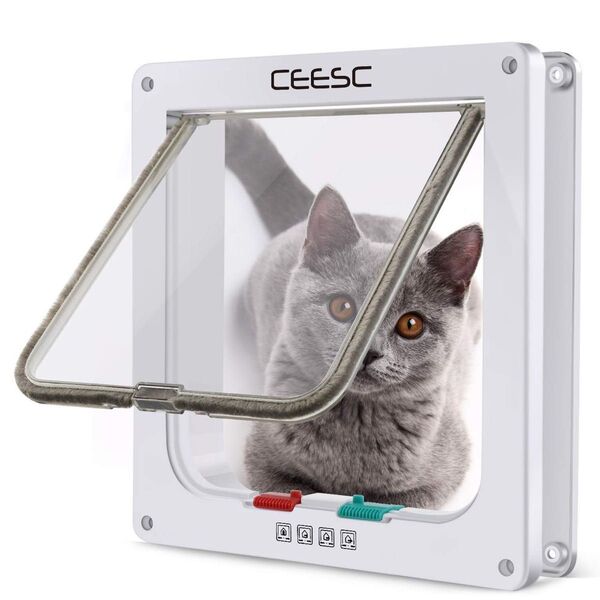 4WAY ペットドア 小型 犬 猫 ペット出入り口 ドア 勝手口 ホワイト, 大