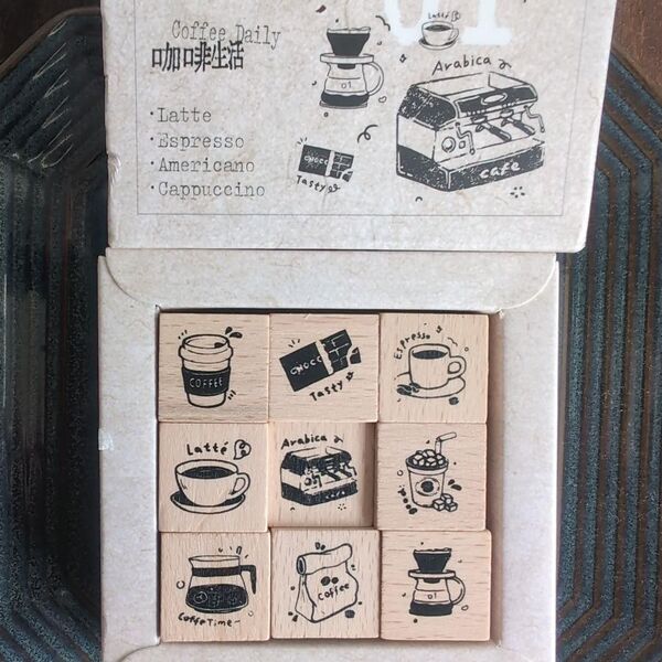 新品 スタンプ カフェ コーヒー ラテ エスプレッソ 9個セット 木製