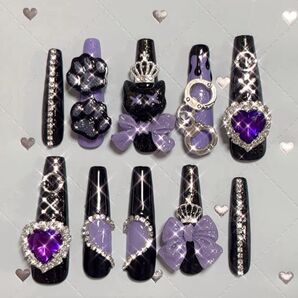 【現品】 ネイルチップ ロングバレリーナ ゴテゴテネイル 紫 黒 猫