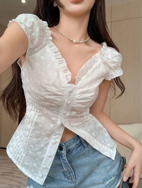 【新品】SHEIN DAZY フリルブラウス パフスリーブ L ホワイト