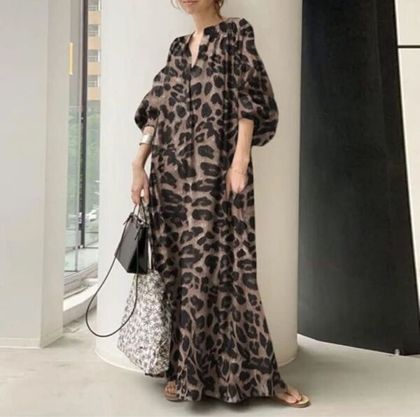 ワンピース マキシ丈 ゆったり 豹柄 カーキー 4XL ワンピース ロングワンピース ロング 体型カバー 総柄 大人