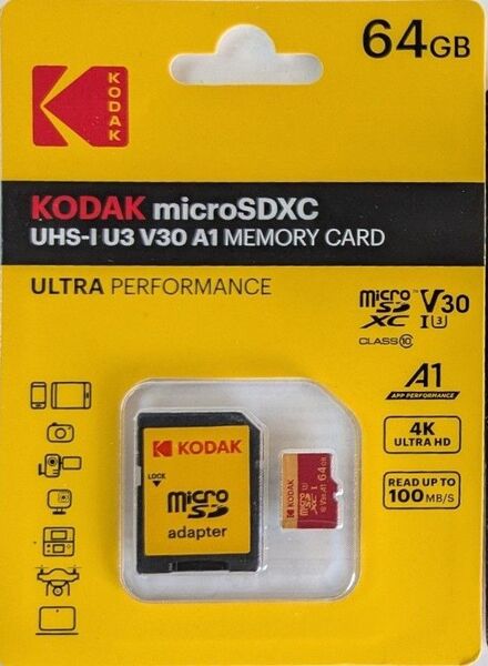 KODAK microSDXC UHS-I U3 V30 A1 MEMORY CARD【64GB】