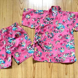 サイズ80 甚平 女の子 浴衣 じんべい 上下セット 子供甚平 USED ドット 花柄 綿100%