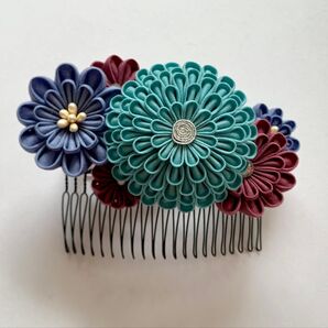 つまみ細工 髪飾り ヘアアクセサリー 和装 浴衣 七五三(青系)