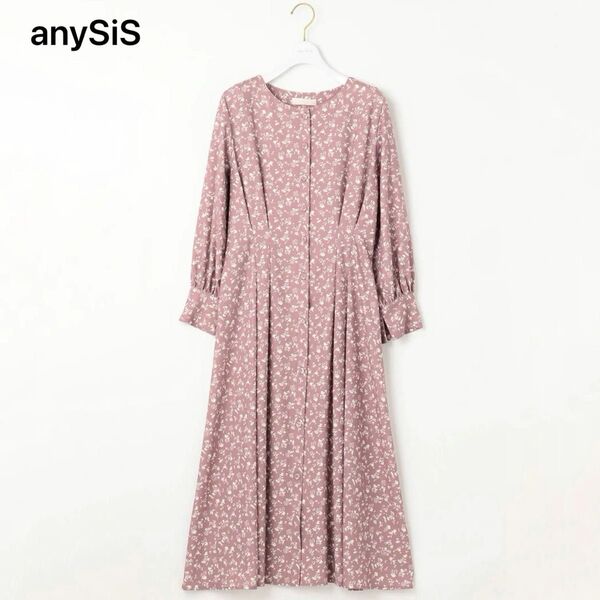 【美品】anySiS フラワープリントワンピース 長袖 くすみピンク