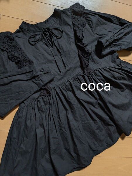 最終価格 coca お洒落なデザイン 前後ツーウェイ ブラウス チュニック 黒 M〜L ウエスト周り118cm