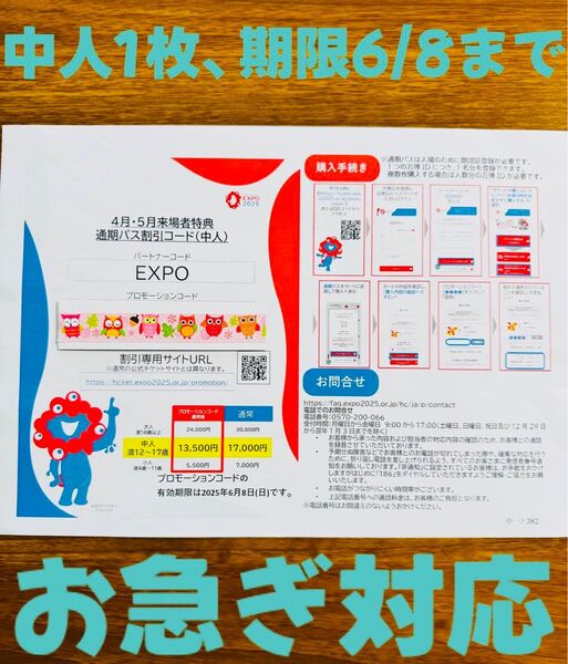 即日対応 大阪 万博 通期パス割引コード 中人1枚 EXPO2025 お急ぎの場合、先に相談対応可能