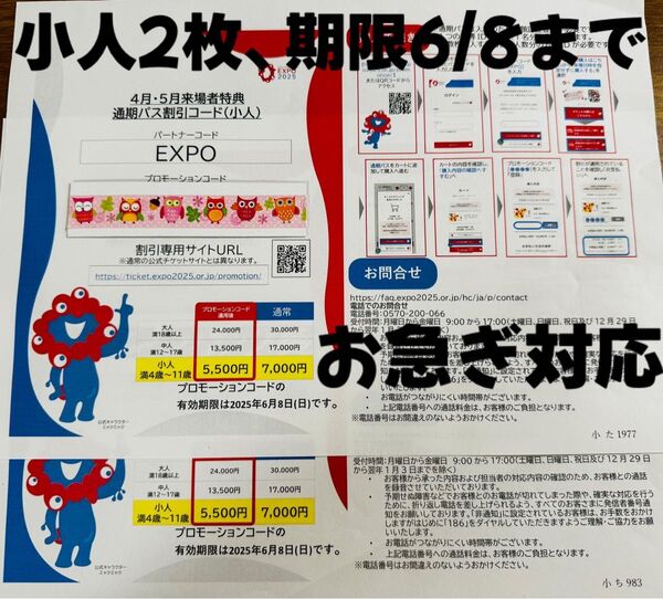 即日対応 大阪 万博 通期パス割引コード 小人2枚(4-11歳) EXPO2025 お急ぎの場合、先に相談対応可能