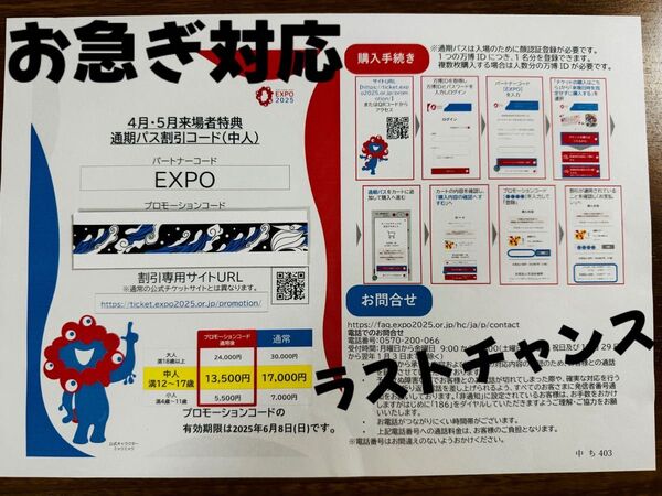 即日対応 大阪 万博 通期パス割引コード 中人1枚(12-17歳) EXPO2025 お急ぎの場合、先に相談対応可能