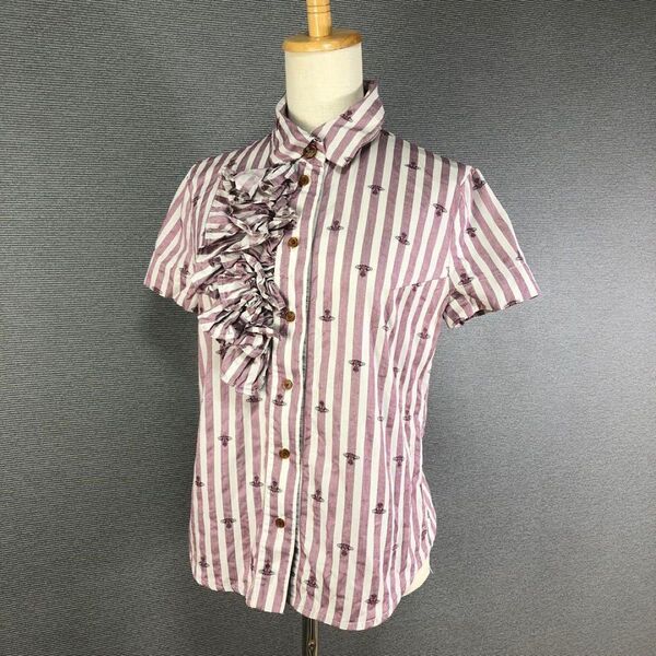 Vivienne Westwood フリル ストライプ オーブ柄 半袖シャツ 3