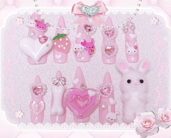 ネイルチップ デコパーツ ハンドメイド ゴテゴテ うさぎ ピンク 量産型