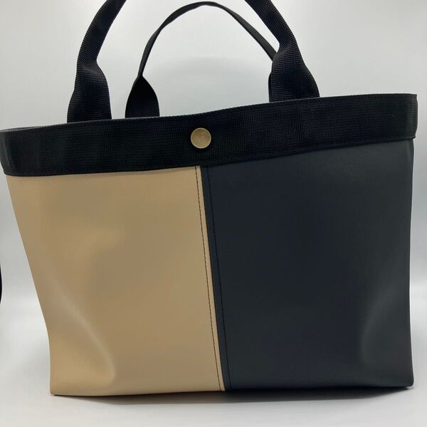ハンドメイド ブラック&ベージュ フェイクレザー 切り替えトートバッグ