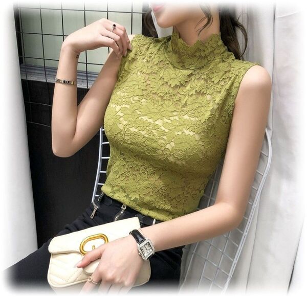 新品☆総レーストップス 花柄 ノースリーブ タンクトップ ハイネック グリーン