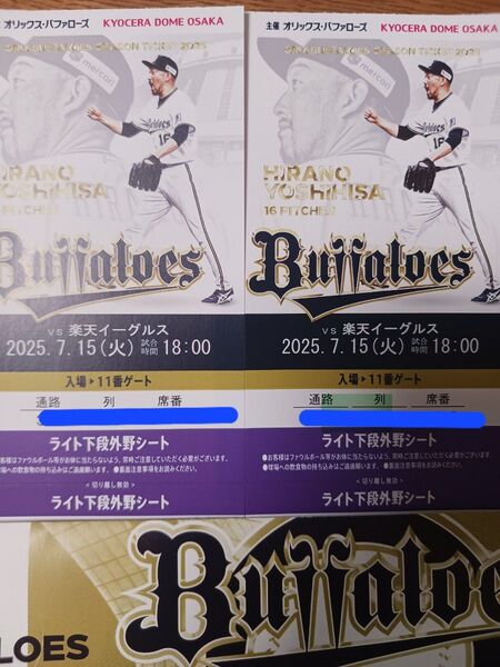 7月15日(火)オリックス対楽天 18時京セラ ライト外野下段年間シート通路側からの3、4席め