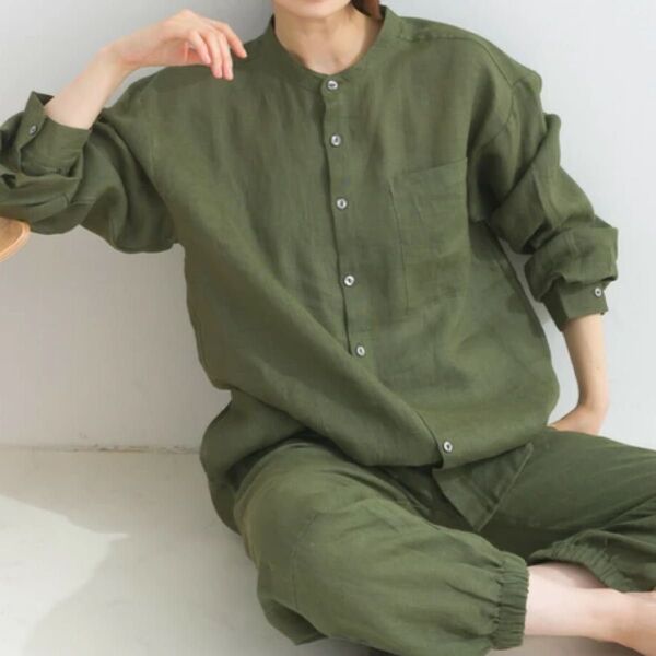 麻100% バンドカラー シャツ ブラウス リネン 長袖 セットアップ可能 made in india 男女兼用 涼しい 夏
