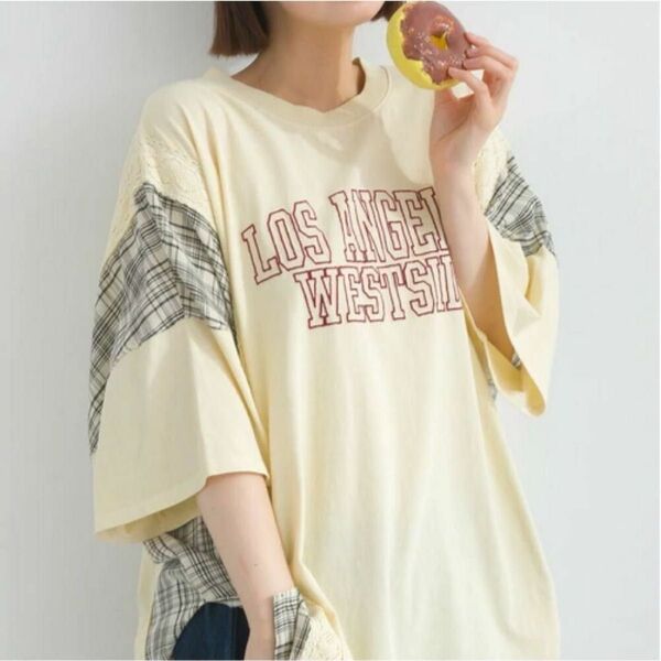 ピグメント レース&チェック ロゴ刺繍 ドッキング ワイド Tシャツ ルピリアン