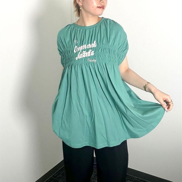 【le colis ルコリ】天竺 ロゴプリント シャーリング チュニック Tシャツ 半袖