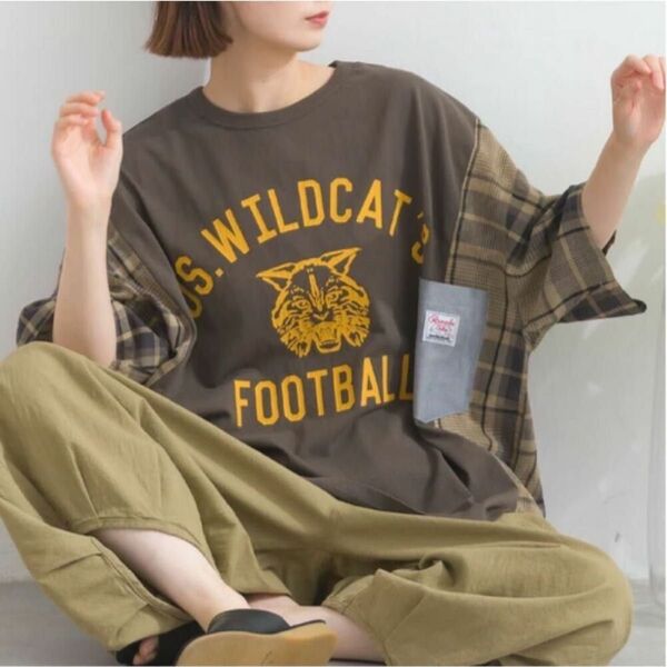 ルピリアン ピグメント加工×チェック布帛 リメイク タイガープリント Tシャツ / チャコール