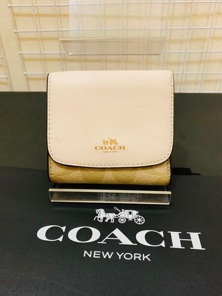 【訳あり】COACH コーチ 三つ折り財布 ウォレット シグネチャー 財布 レザーキャンバス ホワイト ブラウン系