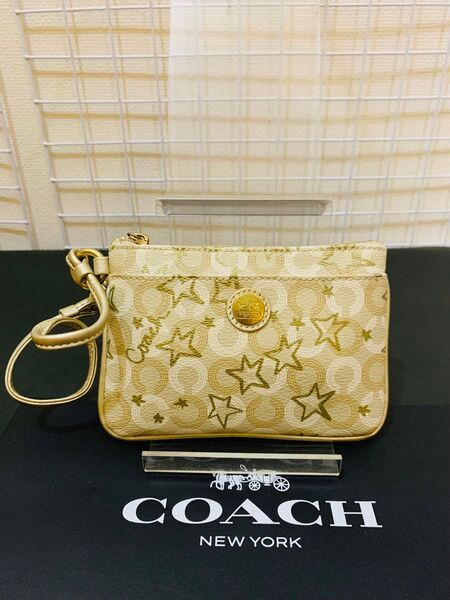 【まあまあ美品】COACH コーチ シグネチャー ポーチ 小物入れ レザーPVC ベージュ