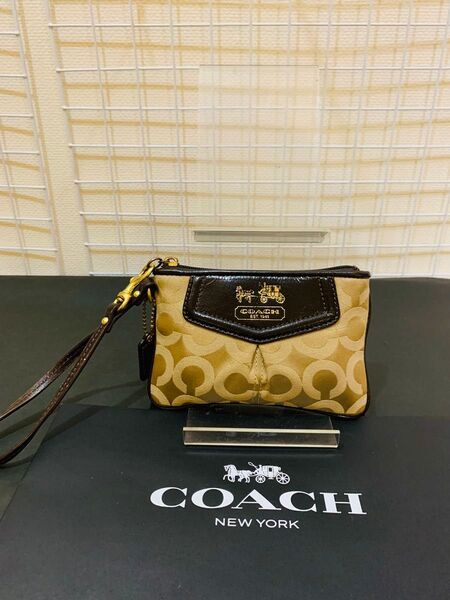 【まあまあ美品】COACH コーチ シグネチャー ポーチ 小物入れ レザーキャンバス ベージュ ブラウン