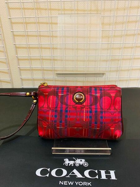 【まあまあ美品】COACH コーチ シグネチャー ポーチ 小物入れ レザーナイロン レッド系