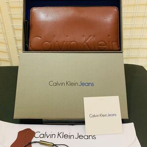 【箱付き美品】 カルバンクライン 長財布 ロングウォレット ラウンドファスナー 財布 レザー ブラウン