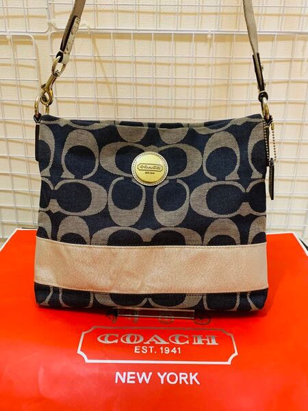 【まあまあ美品】COACH コーチ シグネチャー ショルダーバッグ 斜め掛け クロスボディ レザー キャンバス ネイビー