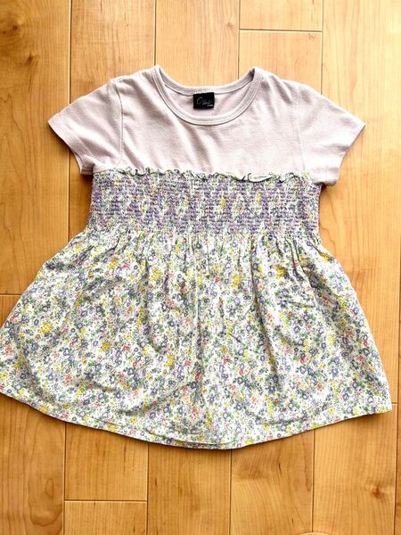 クレセント 半袖Tシャツ 110センチ 小花柄 パープル 女の子チューブトップス切替風