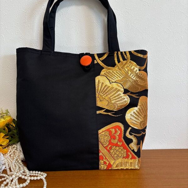 No.47. 帯リメイクトートバック ブラック×ゴールド松刺繍