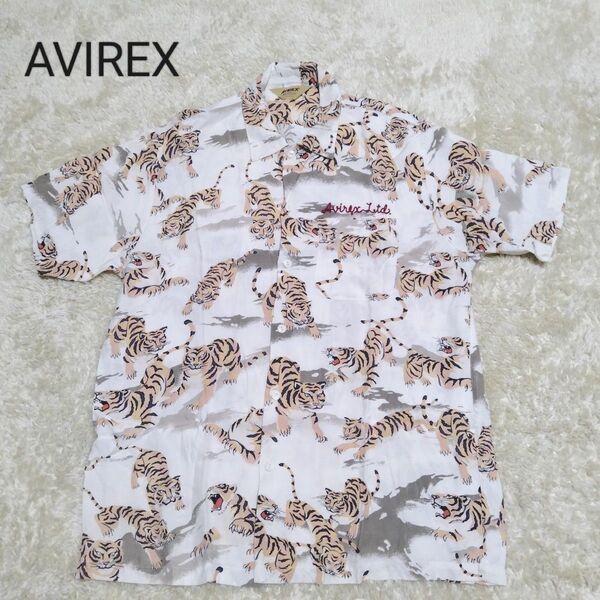 1635 AVIREX シャツ アロハ 虎 トラ レーヨン 和柄 白ベース