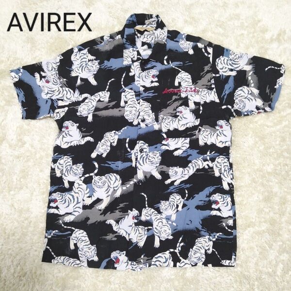 1636 AVIREX シャツ アロハ 虎 トラ レーヨン 和柄 黒ベース