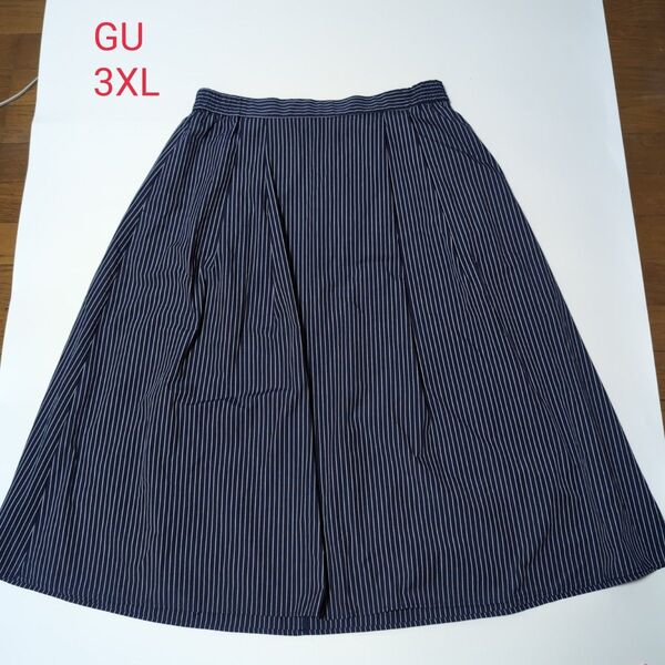 GU タックフレアミディスカート ストライプ 大きいサイズ 3XL