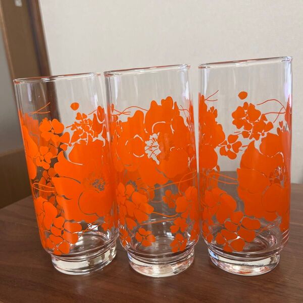 昭和レトロ 佐々木ガラス グラスセット 花柄 オレンジ コップ レトロポップ 当時物