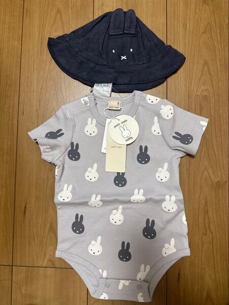 プティマイン 80cm ミッフィー 半袖ロンパース 帽子付き