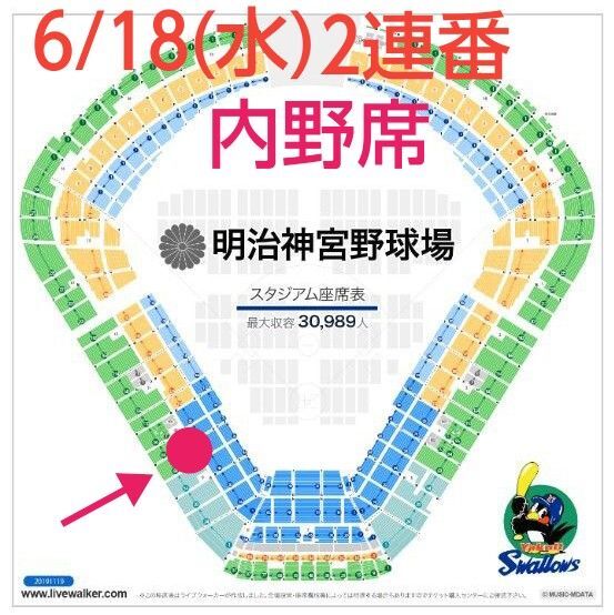 神宮球場 6/18(水) 東京ヤクルトスワローズ 東北楽天ゴールデンイーグルス チケット 2枚