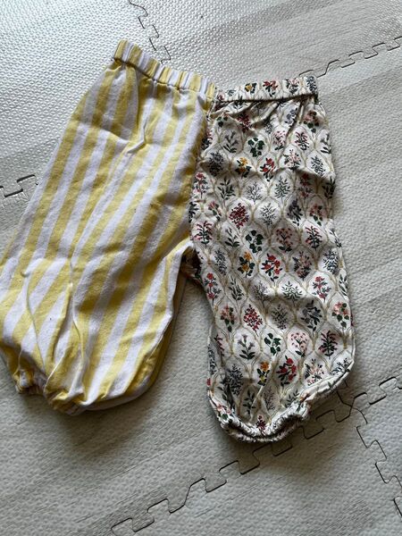 【同梱100円】ハンドメイド バイカラー パンツ 子供服 花柄 ストライプ 80cm相当