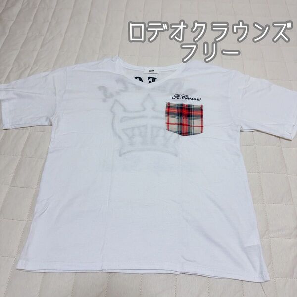 ロデオクラウンズ 半袖Tシャツ Tシャツ 半袖 ロゴ刺繍 チェック柄 フリー