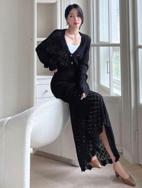 【貴重品】SHEIN ロング 黒 ブラック ドレス ワンピース 長袖 レース ロングワンピース コレクションモデル