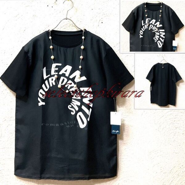 2025新作★綿100★フロントシアーシフォン重ね★ロゴプリントTシャツ★F