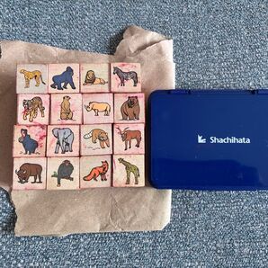 木製キューブ アニマル スタンプ 16個セット 動物 まとめ売り 青スタンプ台付き はんこ こども