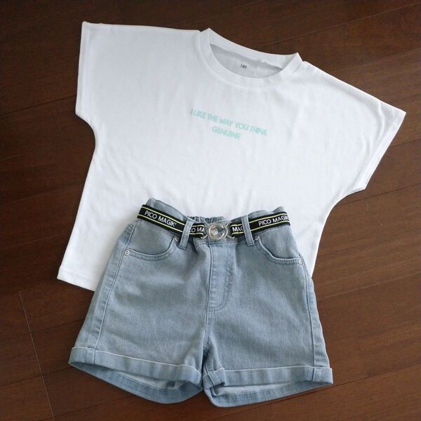 バックロゴ半袖Tシャツ&ベルト付きデニムショートパンツ 140 上下2着セット
